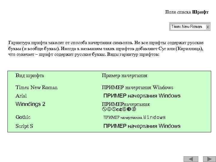 Поле списка Шрифт Гарнитура шрифта зависит от способа начертания символов. Не все шрифты содержат
