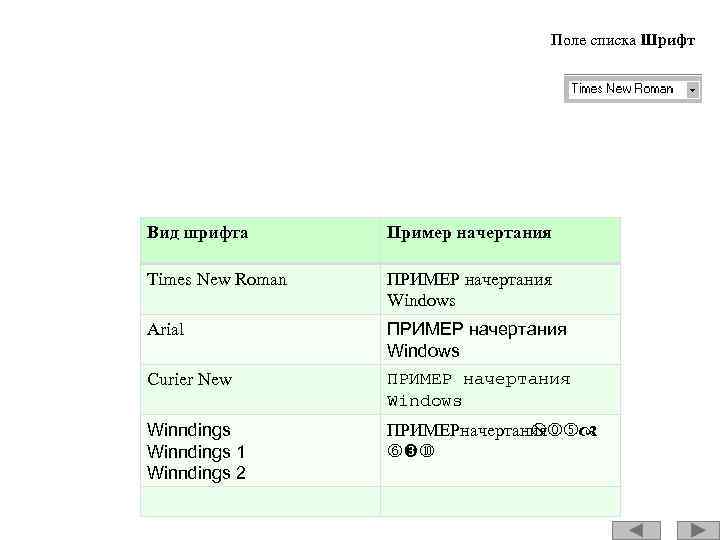 Поле списка Шрифт Вид шрифта Пример начертания Times New Roman ПРИМЕР начертания Windows Arial
