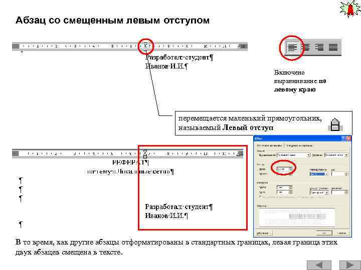 Абзац со смещенным левым отступом Включено выравнивание по левому краю перемещается маленький прямоугольник, называемый