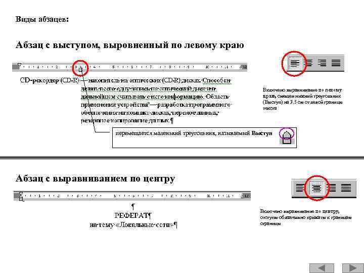 Виды абзацев: Абзац с выступом, выровненный по левому краю Включено выравнивание по левому краю,