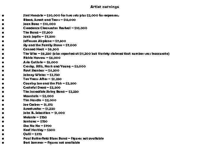 Artist earnings • • • • • • • • Jimi Hendrix – $30,
