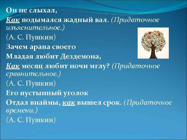 Он не слыхал, Как подымался жадный вал. (Придаточное изъяснительное. ) (А. С. Пушкин) Зачем