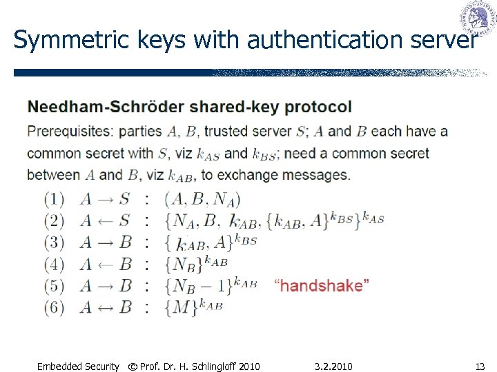 Symmetric keys with authentication server Embedded Security © Prof. Dr. H. Schlingloff 2010 3.