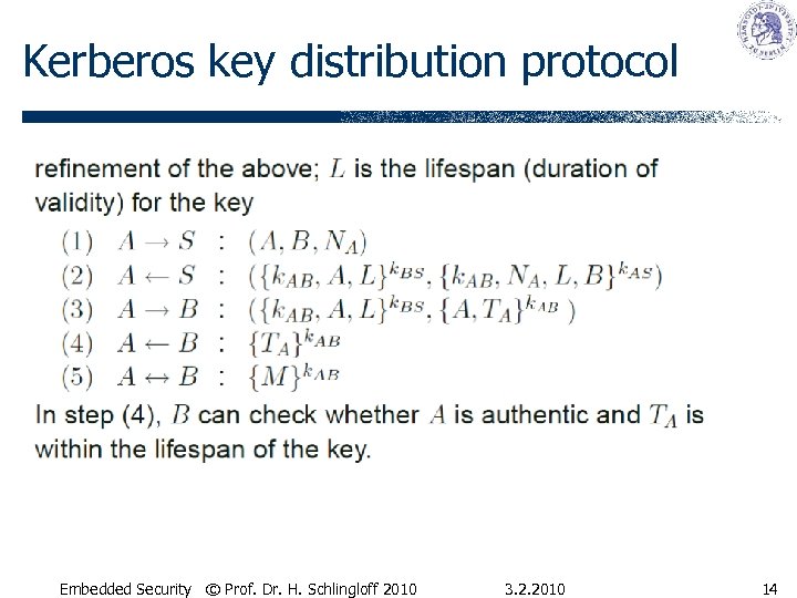 Kerberos key distribution protocol Embedded Security © Prof. Dr. H. Schlingloff 2010 3. 2.