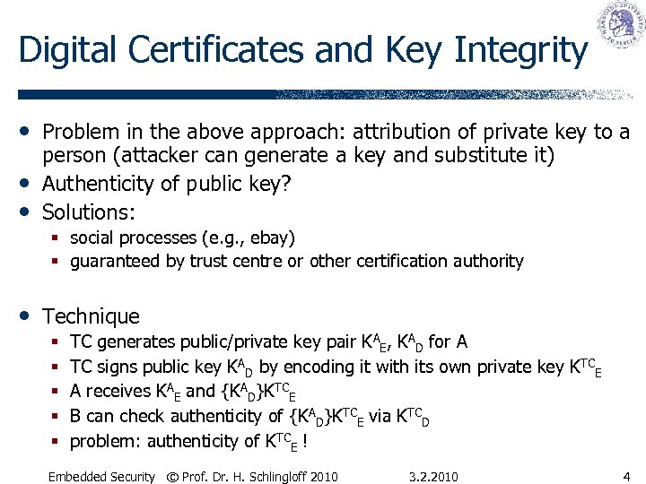 Digital Certificates and Key Integrity • Problem in the above approach: attribution of private