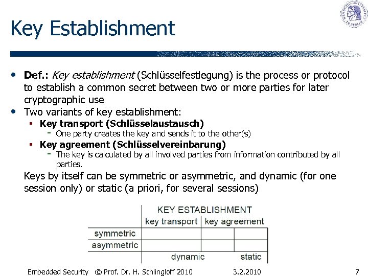 Key Establishment • Def. : Key establishment (Schlüsselfestlegung) is the process or protocol •