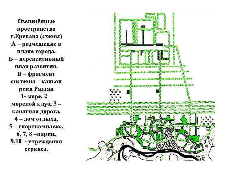 Озеленённые пространства г. Еревана (схемы) А – размещение в плане города. Б – перспективный