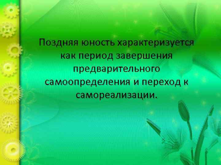 Поздняя юность характеризуется как период завершения предварительного самоопределения и переход к самореализации. 