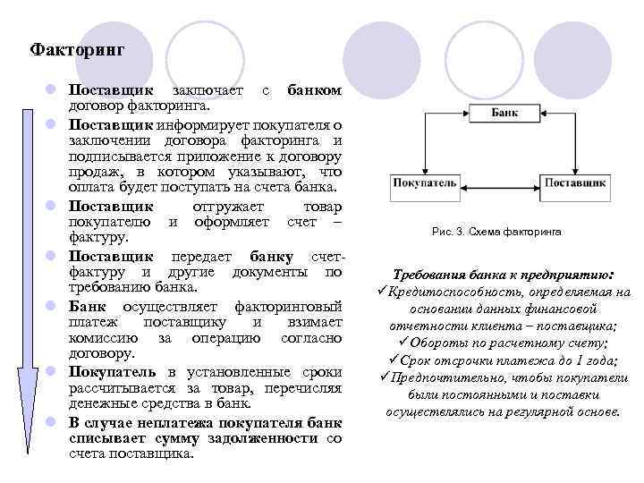 Факторинг l Поставщик заключает с банком договор факторинга. l Поставщик информирует покупателя о заключении