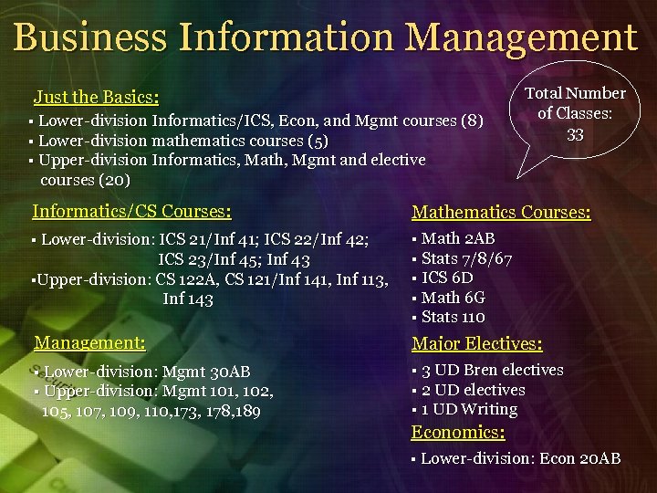 Business Information Management Just the Basics: § Lower-division Informatics/ICS, Econ, and Mgmt courses (8)
