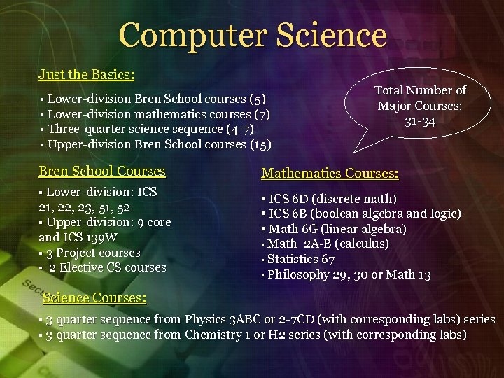 Computer Science Just the Basics: § Lower-division Bren School courses (5) § Lower-division mathematics