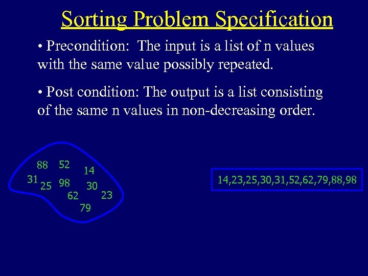 Sorting Problem Specification • Precondition: The input is a list of n values with