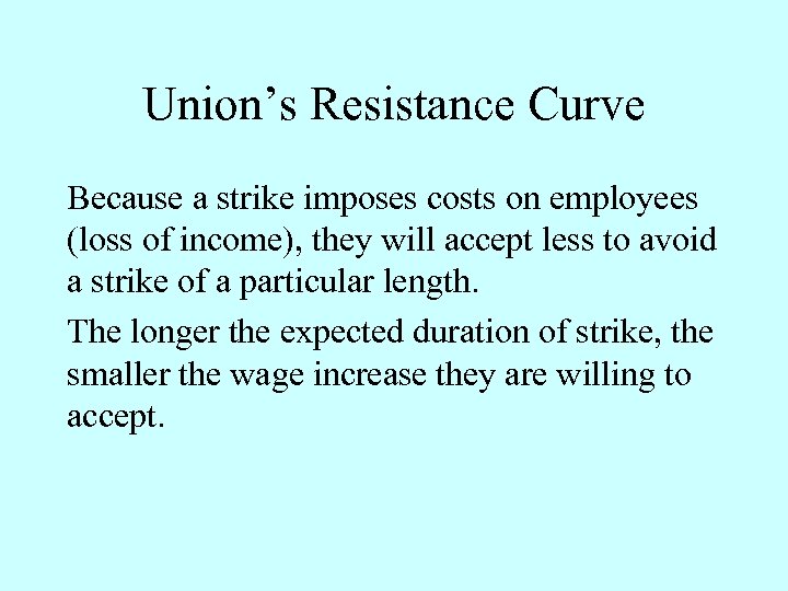 Union’s Resistance Curve Because a strike imposes costs on employees (loss of income), they