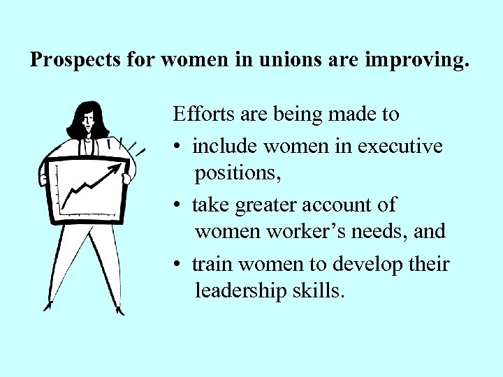 Prospects for women in unions are improving. Efforts are being made to • include
