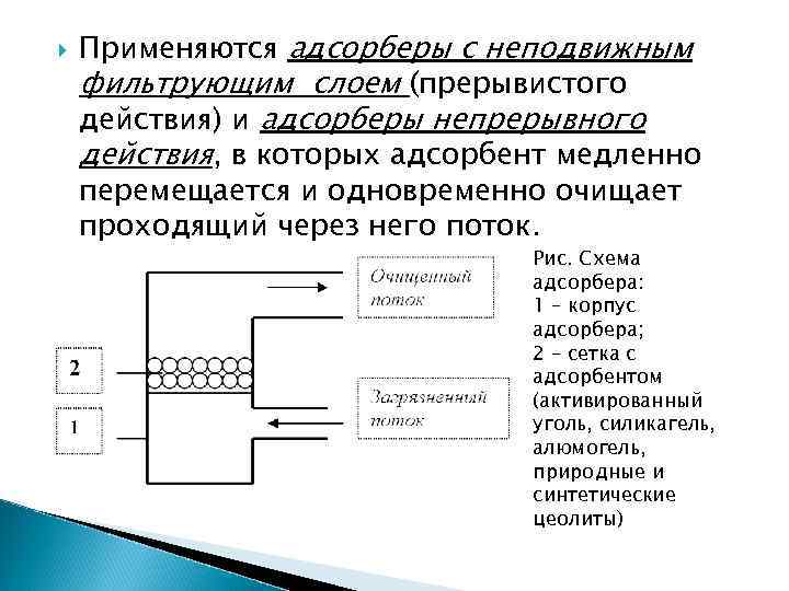  Применяются адсорберы с неподвижным фильтрующим слоем (прерывистого действия) и адсорберы непрерывного действия, в