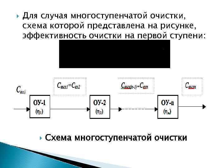  Для случая многоступенчатой очистки, схема которой представлена на рисунке, эффективность очистки на первой