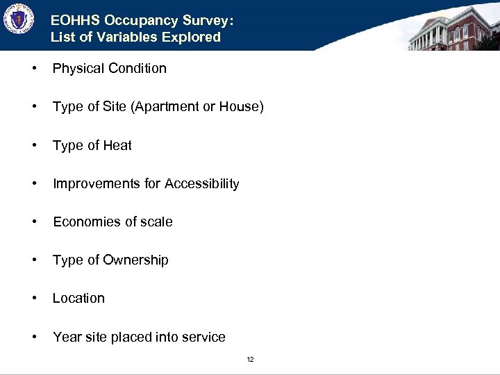 EOHHS Occupancy Survey: List of Variables Explored • Physical Condition • Type of Site