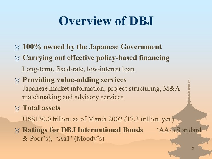 Overview of DBJ _ _ 100% owned by the Japanese Government Carrying out effective