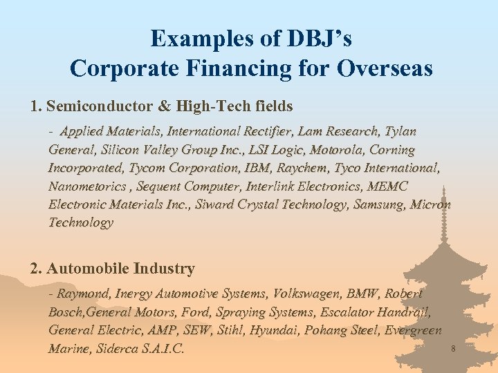 Examples of DBJ’s Corporate Financing for Overseas 1. Semiconductor & High-Tech fields - Applied