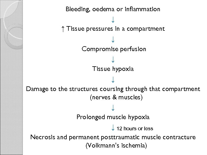 Bleeding, oedema or inflammation ↓ ↑ Tissue pressures in a compartment ↓ Compromise perfusion