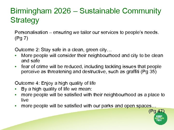 Birmingham 2026 – Sustainable Community Strategy Personalisation – ensuring we tailor our services to