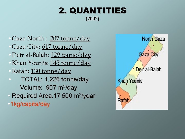 2. QUANTITIES (2007) • Gaza North : 207 tonne/day • Gaza City: 617 tonne/day