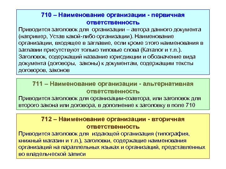 710 – Наименование организации - первичная ответственность Приводится заголовок для организации – автора данного