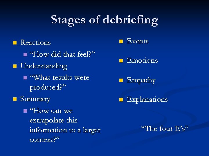 Stages of debriefing n n n Reactions n “How did that feel? ” Understanding