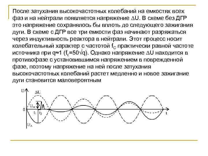 После затухания высокочастотных колебаний на емкостях всех фаз и на нейтрали появляется напряжение U.