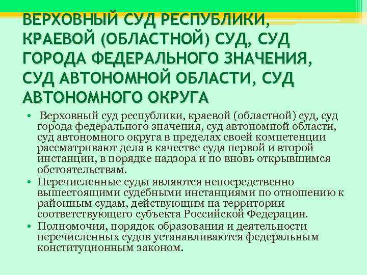 ВЕРХОВНЫЙ СУД РЕСПУБЛИКИ, КРАЕВОЙ (ОБЛАСТНОЙ) СУД, СУД ГОРОДА ФЕДЕРАЛЬНОГО ЗНАЧЕНИЯ, СУД АВТОНОМНОЙ ОБЛАСТИ, СУД