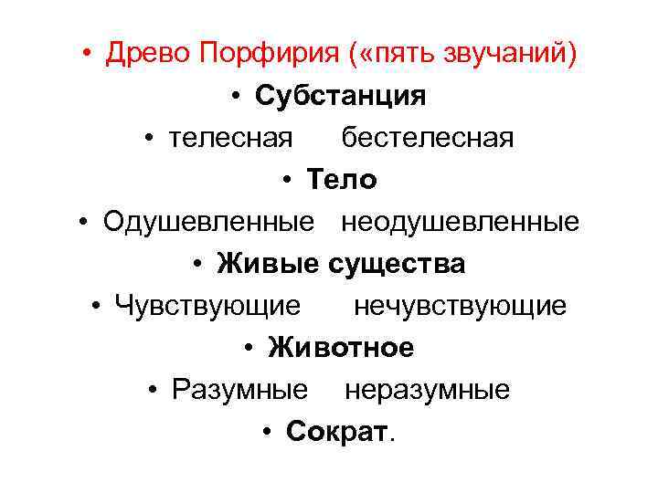  • Древо Порфирия ( «пять звучаний) • Субстанция • телесная бестелесная • Тело