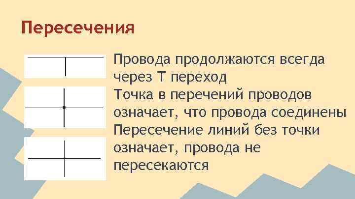 Пересечения Провода продолжаются всегда через Т переход Точка в перечений проводов означает, что провода