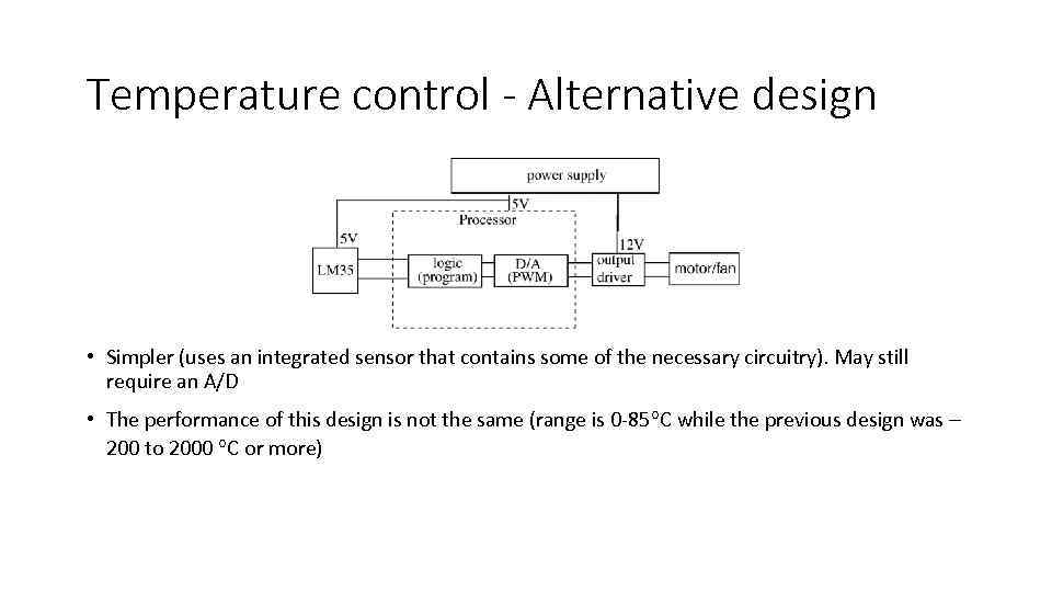 Temperature control - Alternative design • Simpler (uses an integrated sensor that contains some