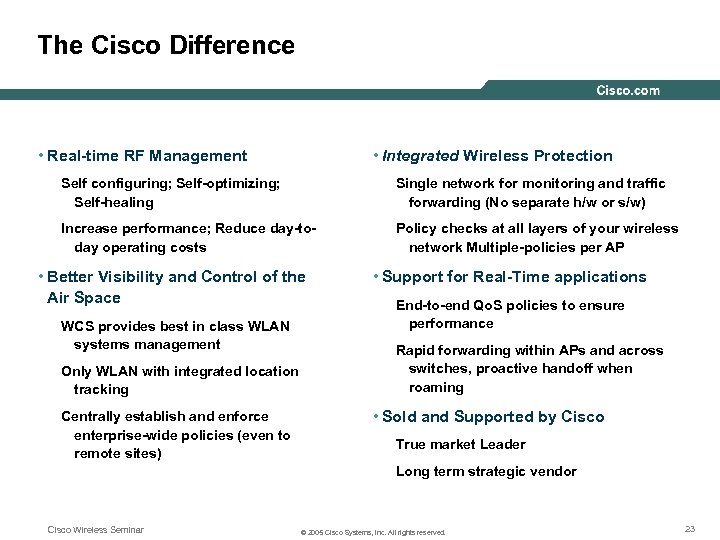 The Cisco Difference • Real-time RF Management • Integrated Wireless Protection Self configuring; Self-optimizing;