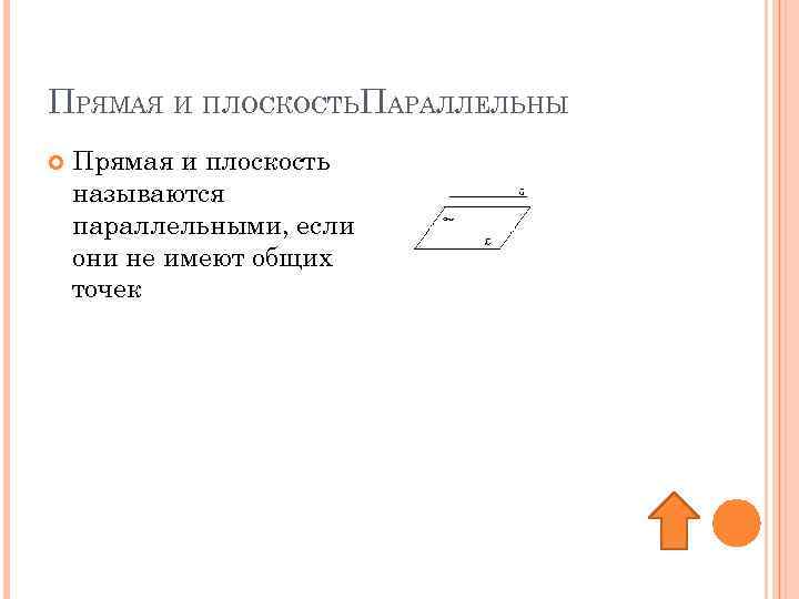 ПРЯМАЯ И ПЛОСКОСТЬПАРАЛЛЕЛЬНЫ Прямая и плоскость называются параллельными, если они не имеют общих точек