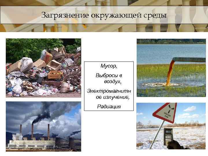 Загрязнение окружающей среды Мусор, Выбросы в воздух, Электромагнитн ое излучение, Радиация 