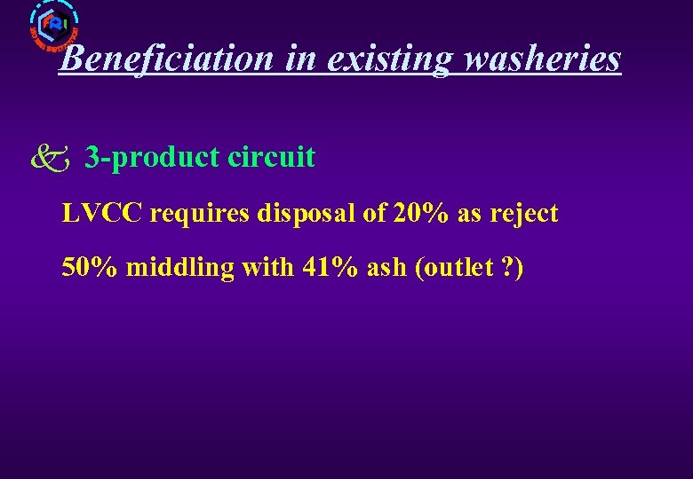 Beneficiation in existing washeries k 3 -product circuit LVCC requires disposal of 20% as