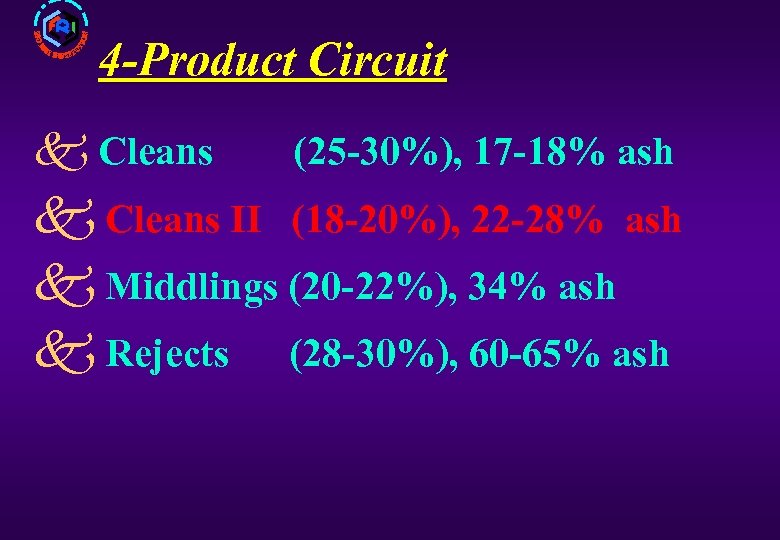 4 -Product Circuit k Cleans (25 -30%), 17 -18% ash k Cleans II (18