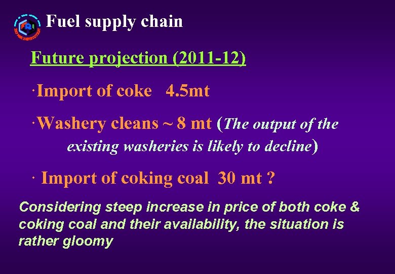 Fuel supply chain Future projection (2011 -12) ·Import of coke 4. 5 mt ·Washery