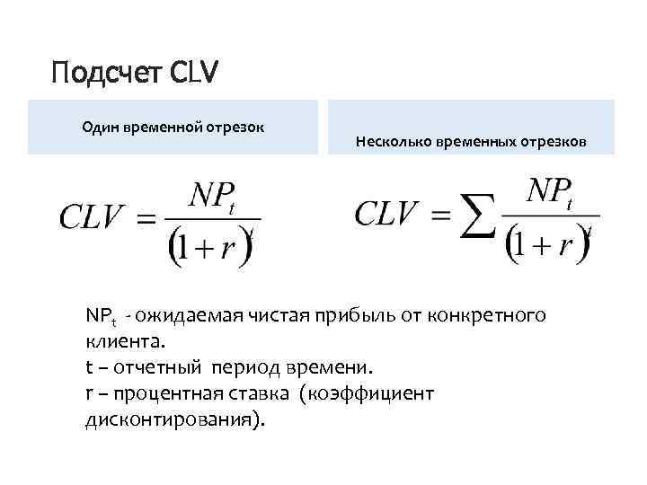 Подсчет CLV Один временной отрезок Несколько временных отрезков NPt - ожидаемая чистая прибыль от