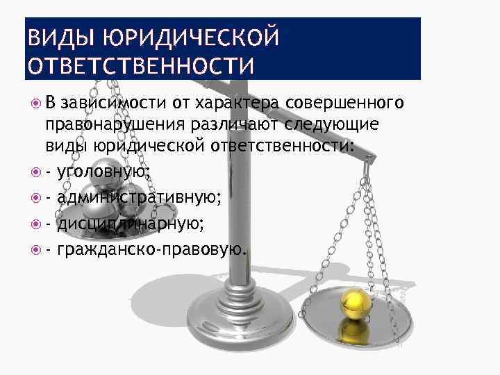 ВИДЫ ЮРИДИЧЕСКОЙ ОТВЕТСТВЕННОСТИ В зависимости от характера совершенного правонарушения различают следующие виды юридической ответственности: