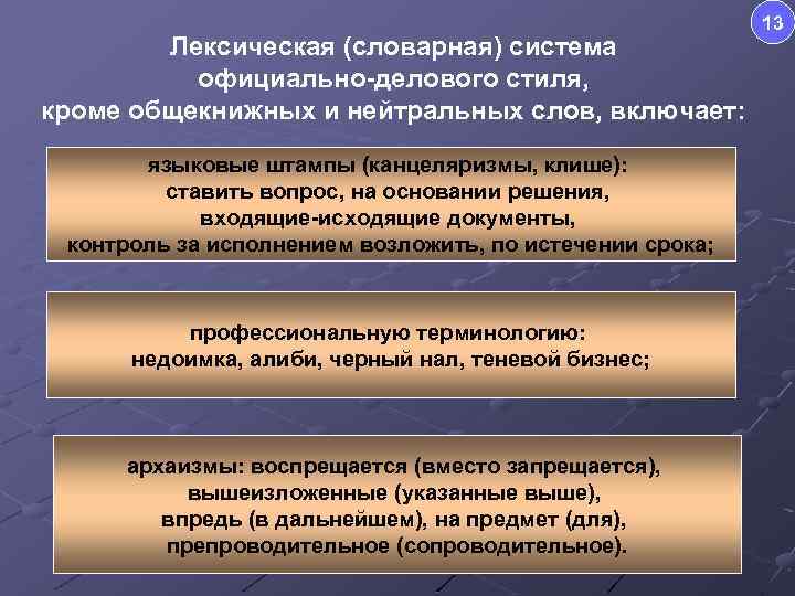 Лексическая (словарная) система официально-делового стиля, кроме общекнижных и нейтральных слов, включает: языковые штампы (канцеляризмы,