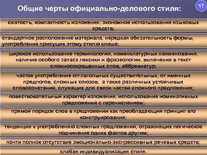 Общие черты официально-делового стиля: 17 сжатость, компактность изложения, экономное использование языковых средств; стандартное расположение