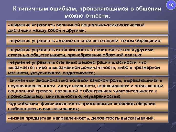 К типичным ошибкам, проявляющимся в общении можно отнести: -неумение управлять величиной социально-психологической дистанции между