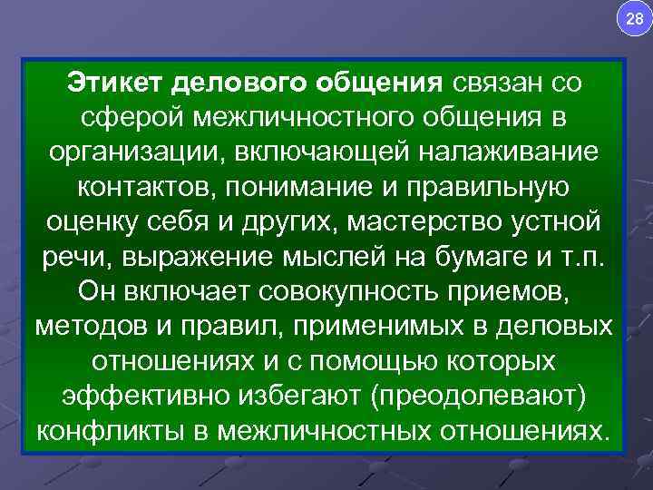 28 Этикет делового общения связан со сферой межличностного общения в организации, включающей налаживание контактов,
