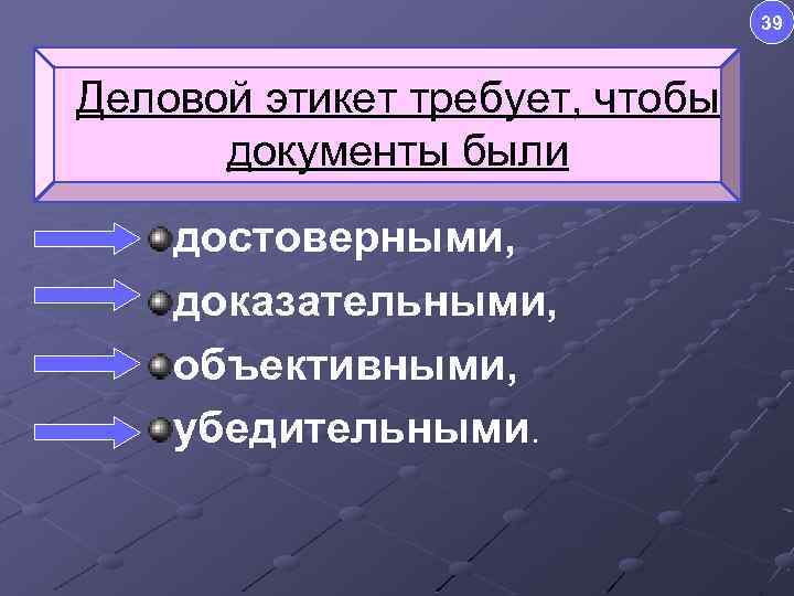 39 Деловой этикет требует, чтобы документы были достоверными, доказательными, объективными, убедительными. 