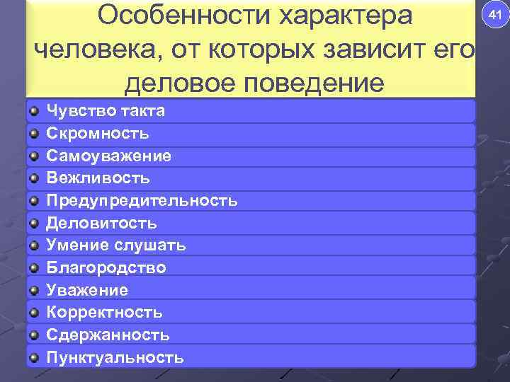 Особенности характера человека, от которых зависит его деловое поведение Чувство такта Скромность Самоуважение Вежливость
