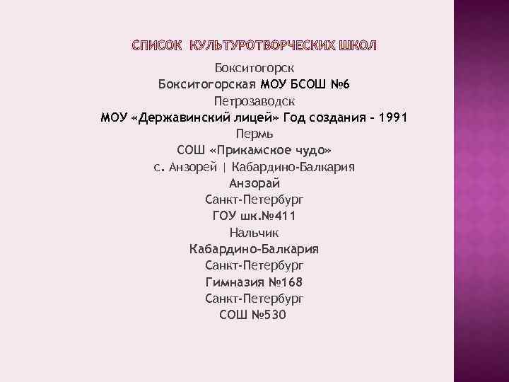 Бокситогорская МОУ БСОШ № 6 Петрозаводск МОУ «Державинский лицей» Год создания – 1991 Пермь