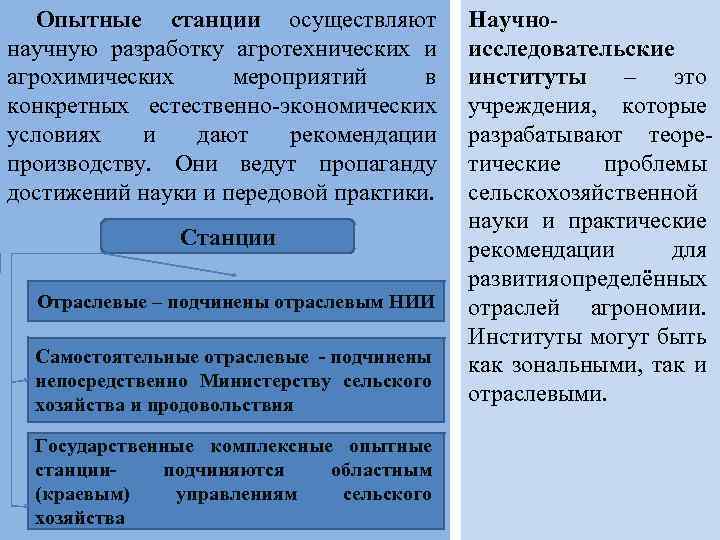 Опытные станции осуществляют научную разработку агротехнических и агрохимических мероприятий в конкретных естественно-экономических условиях и