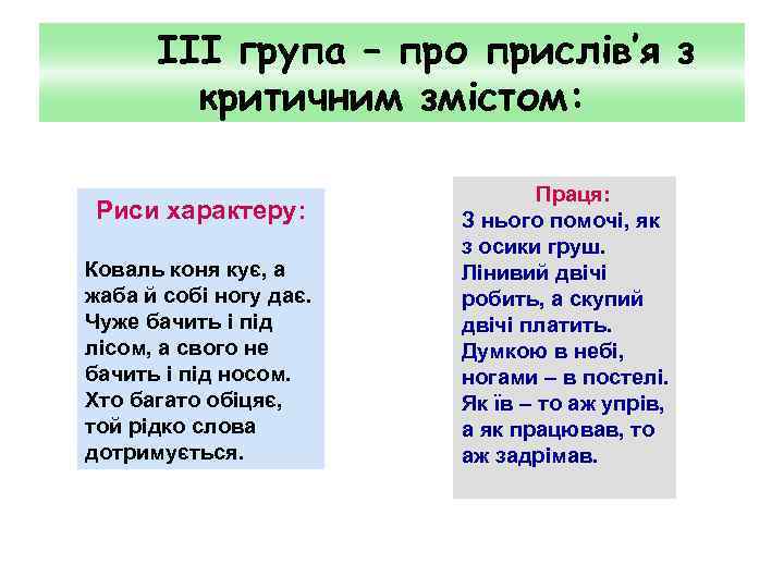 ІІІ група – про прислів’я з критичним змістом: Риси характеру: Коваль коня кує, а
